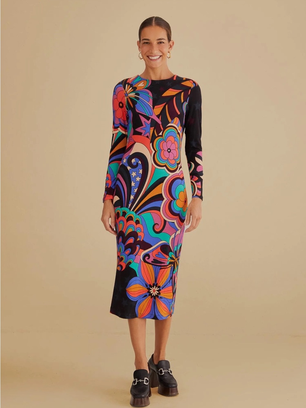 Farm Rio 70s Vibe Midi Dress Vibrant Multicolor Floral Pattern - Picture 1 of 7